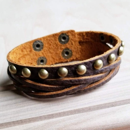 Antique Gold Studs Multi-Strand Leather Cuff: Edgy and Stylish