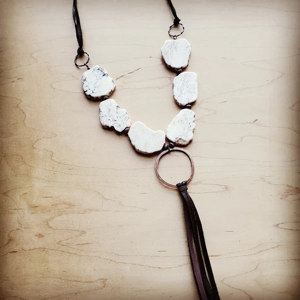 White Turquoise Necklace with Long Leather Tassel