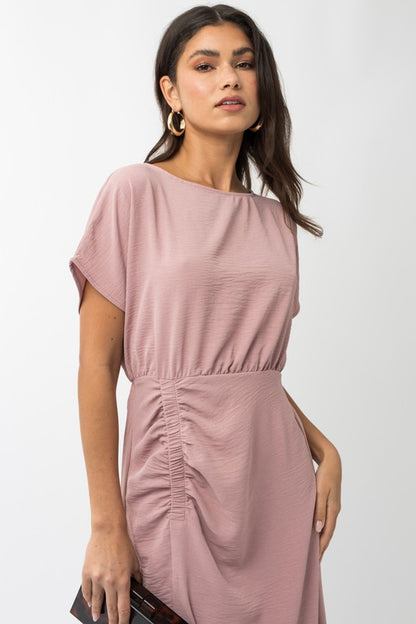 Elastic Shirring Midi Dress in mauve