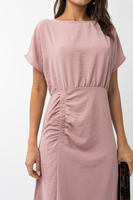 Elastic Shirring Midi Dress in mauve