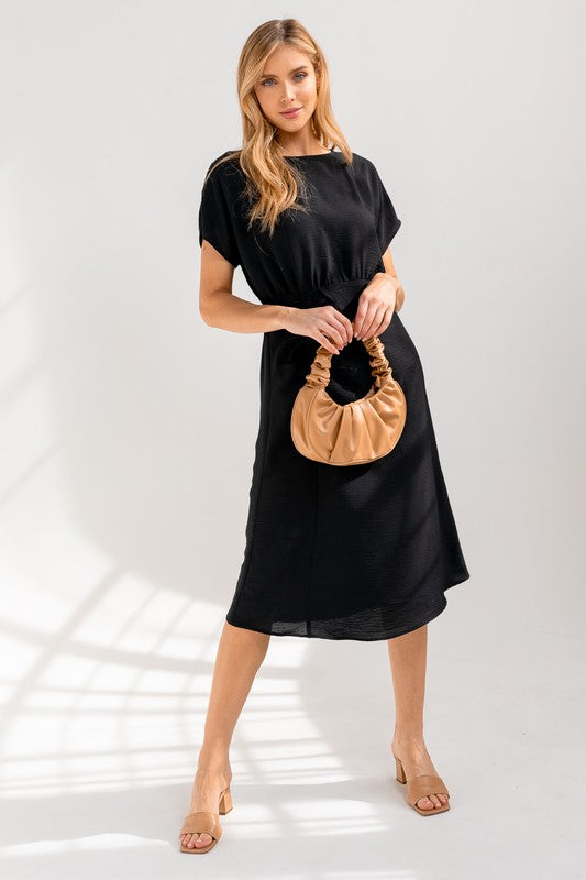 Elastic Shirring Midi Dress in black front view