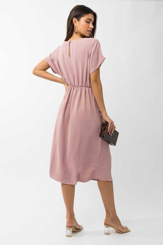 Elastic Shirring Midi Dress in mauve back view