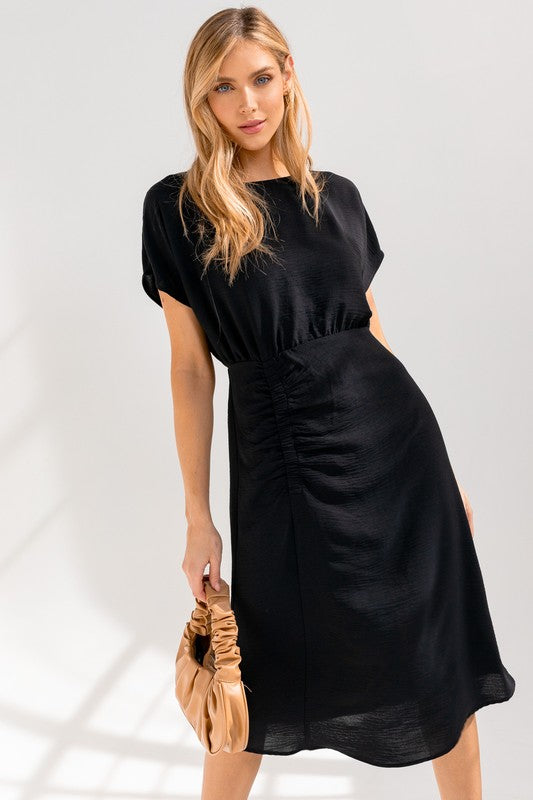 Elastic Shirring Midi Dress in black front view