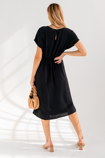 Elastic Shirring Midi Dress in black