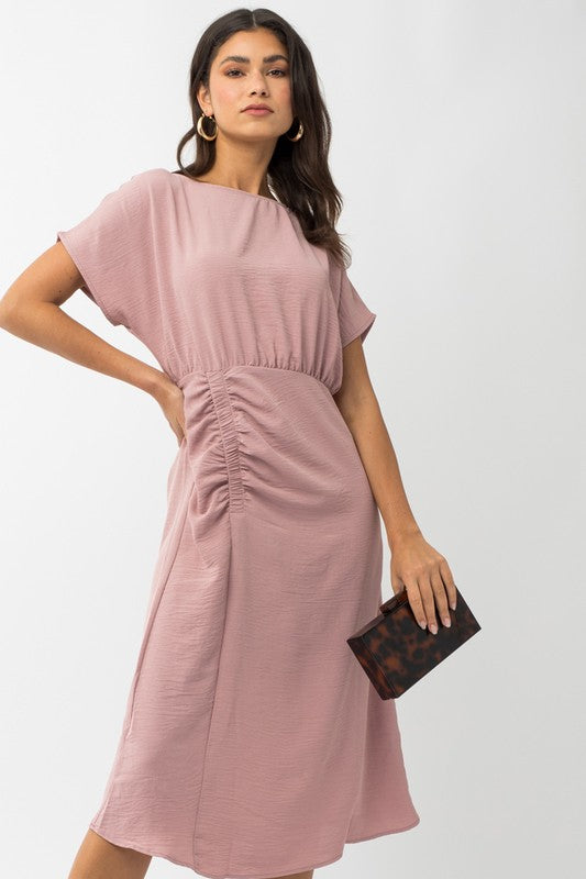 Elastic Shirring Midi Dress in mauve