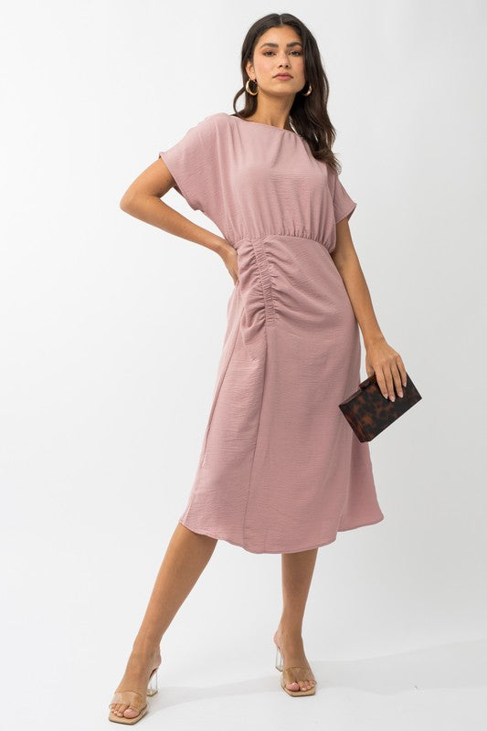 Elastic Shirring Midi Dress in mauve