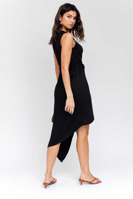 Twist Wrap Rib Midi Sleeveless Dress black back view