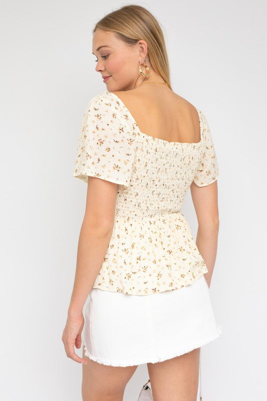 DITSY PRINT TOP BUTTON DOWN BACK SMOCKING back view