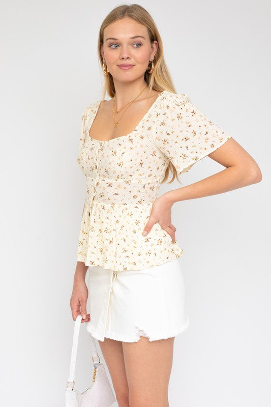 DITSY PRINT TOP BUTTON DOWN BACK SMOCKING side view