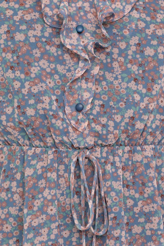 Floral Drawstring Waist Ruffle Hem Top up close pattern