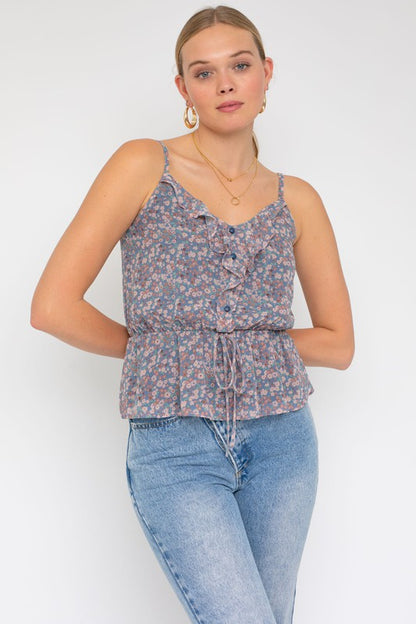 Floral Drawstring Waist Ruffle Hem Top Front