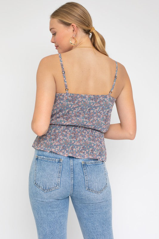 Floral Drawstring Waist Ruffle Hem Top Back