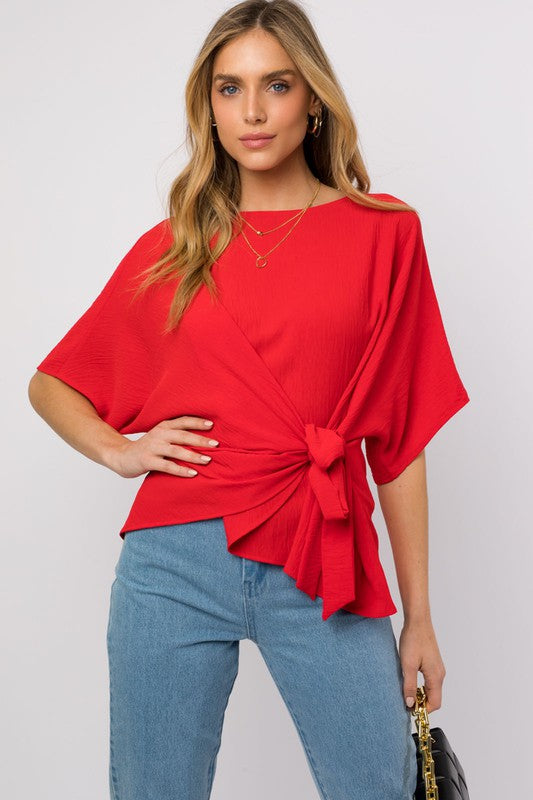 Side Cross Tie Blouse Red front