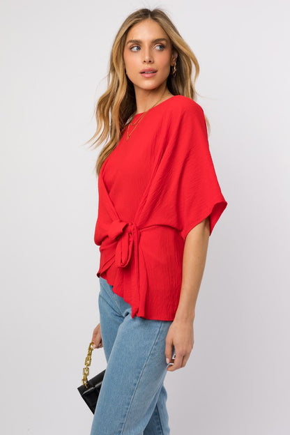 Side Cross Tie Blouse Red front/side view