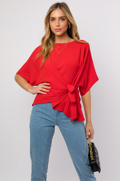 Side Cross Tie Blouse Red