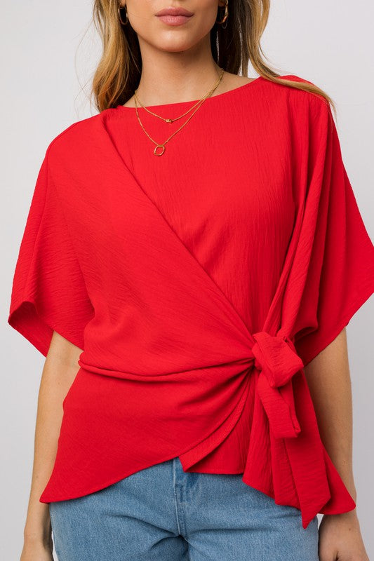 Side Cross Tie Blouse Red Front