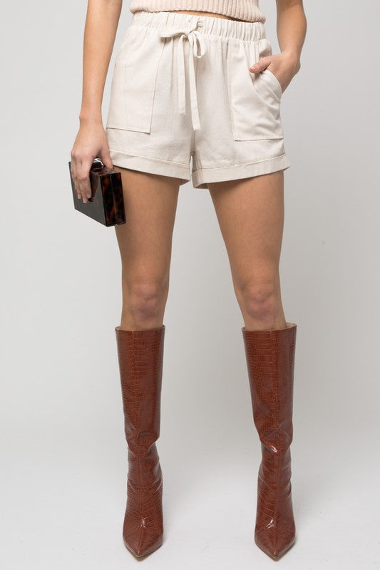 Elastic Waist Front Pocket Roll-Up Shorts cream front view 