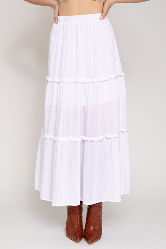 Merrow Edge Tiered Midi Skirt  in white