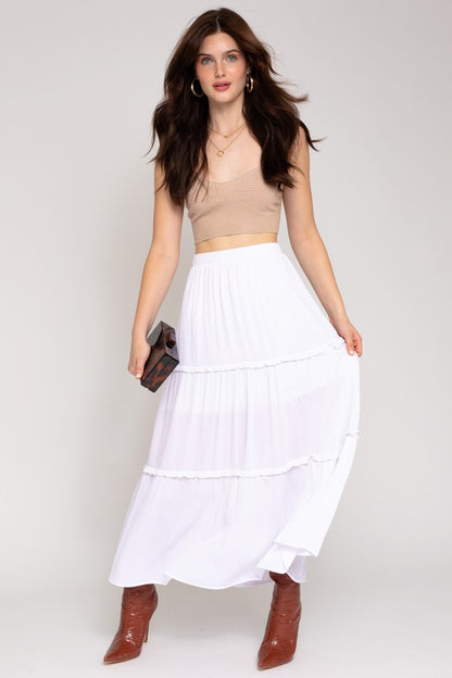 Merrow Edge Tiered Midi Skirt  in white