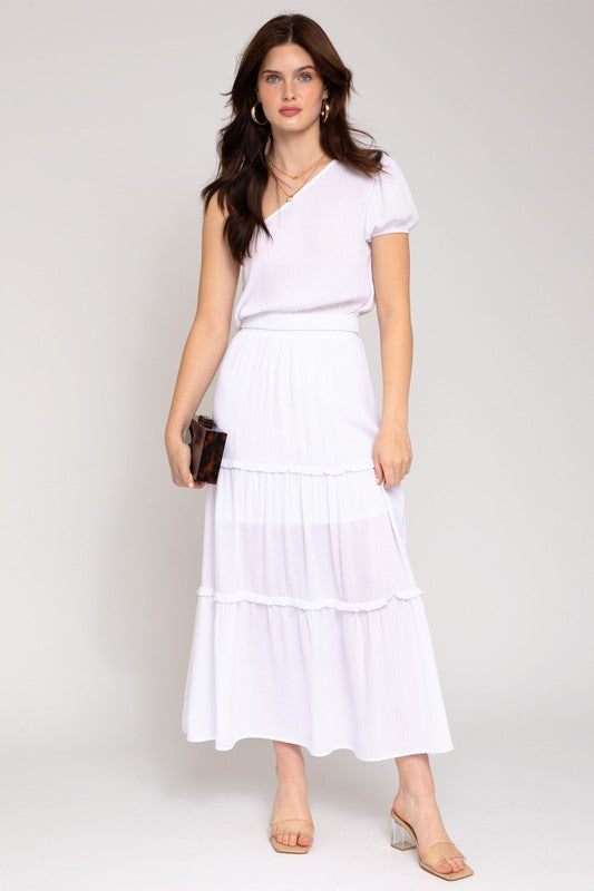 Merrow Edge Tiered Midi Skirt in white with matching top