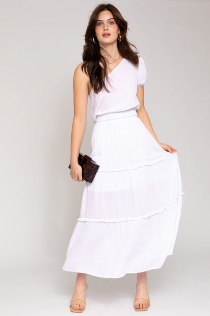 Merrow Edge Tiered Midi Skirt  in white with matching top