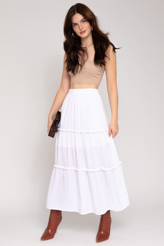 Merrow Edge Tiered Midi Skirt  in white front view