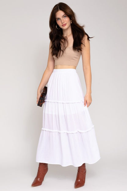 Merrow Edge Tiered Midi Skirt  in white front view