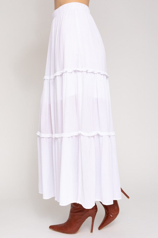 Merrow Edge Tiered Midi Skirt  in white side view