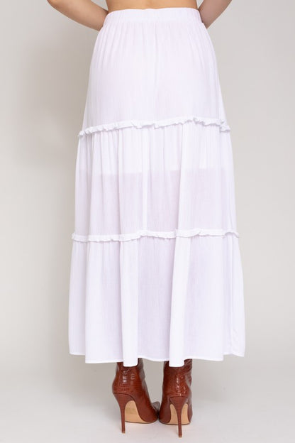 Merrow Edge Tiered Midi Skirt in white back view