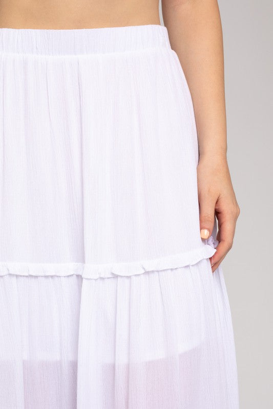 Merrow Edge Tiered Midi Skirt  up close of skirt