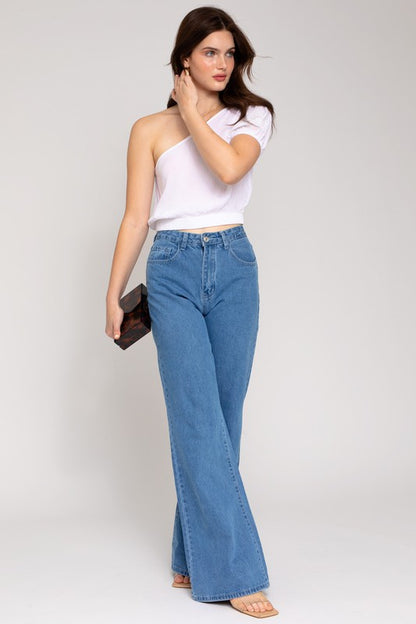 One Shoulder Top front view with jeans