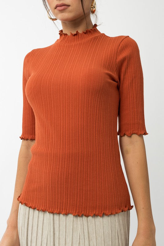 Mock Neck Merrow Edge Top front view in brick