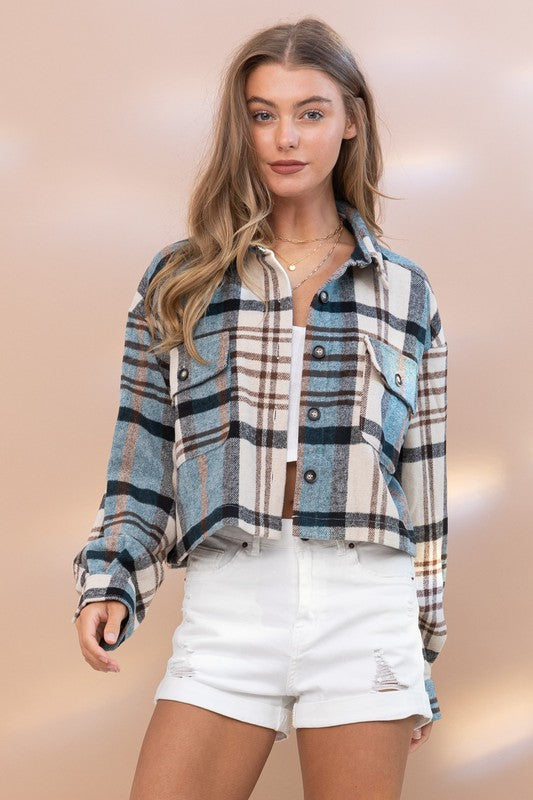 Plaid Crop Shirt Jacket in TEAL