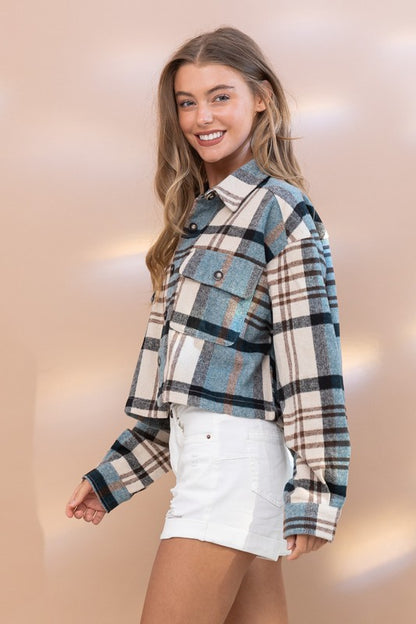 Plaid Crop Shirt Jacket in TEAL