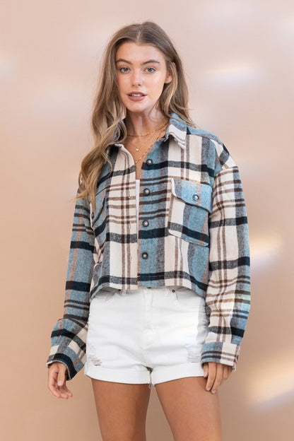 Plaid Crop Shirt Jacket in TEAL