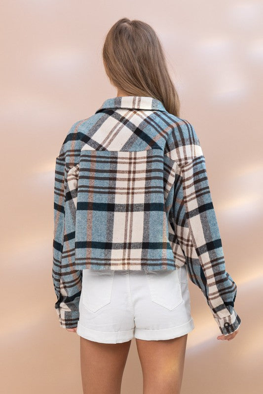 Plaid Crop Shirt Jacket in TEAL back view