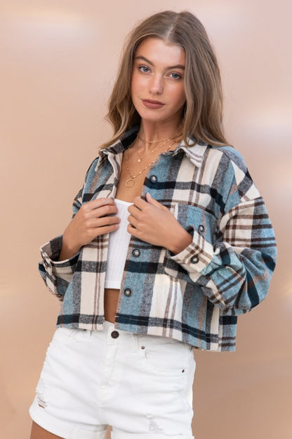 Plaid Crop Shirt Jacket in TEAL