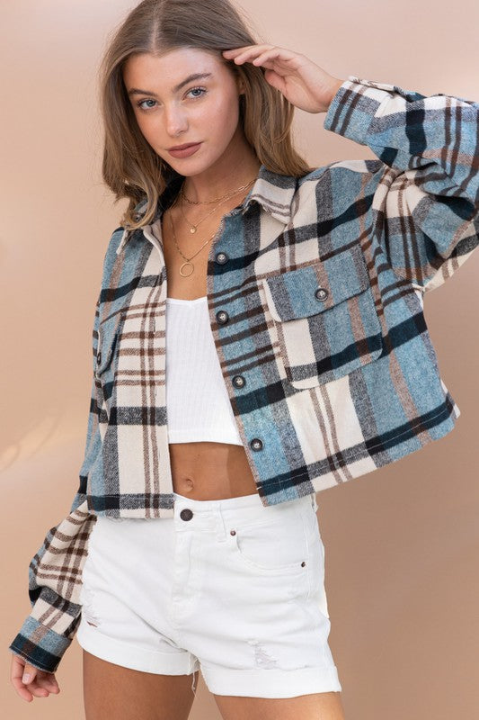 Plaid Crop Shirt Jacket in TEAL