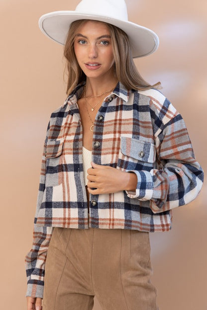 Plaid Crop Shirt Jacket in RUST