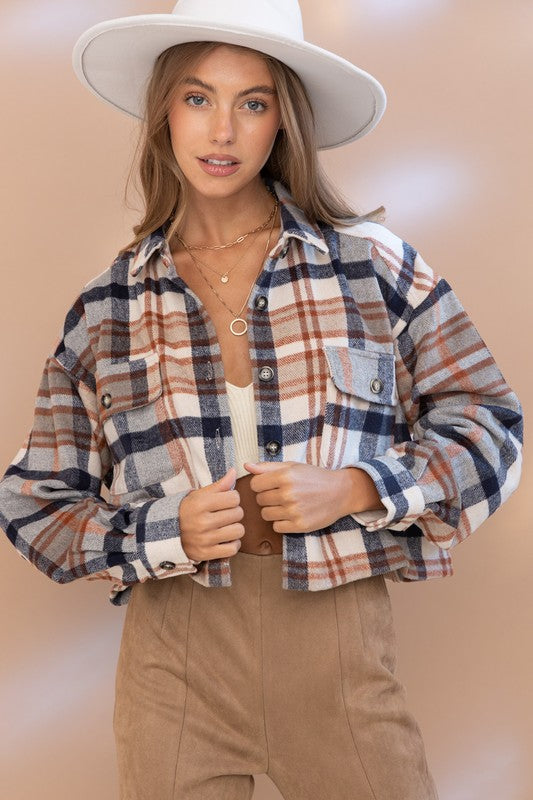 Plaid Crop Shirt Jacket in RUST