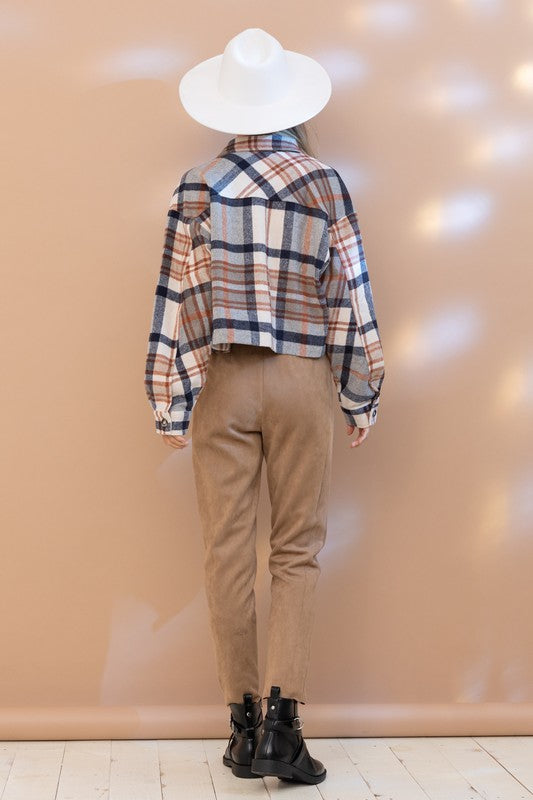 Plaid Crop Shirt Jacket in RUST back view