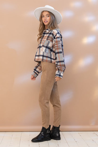 Plaid Crop Shirt Jacket in RUST side view