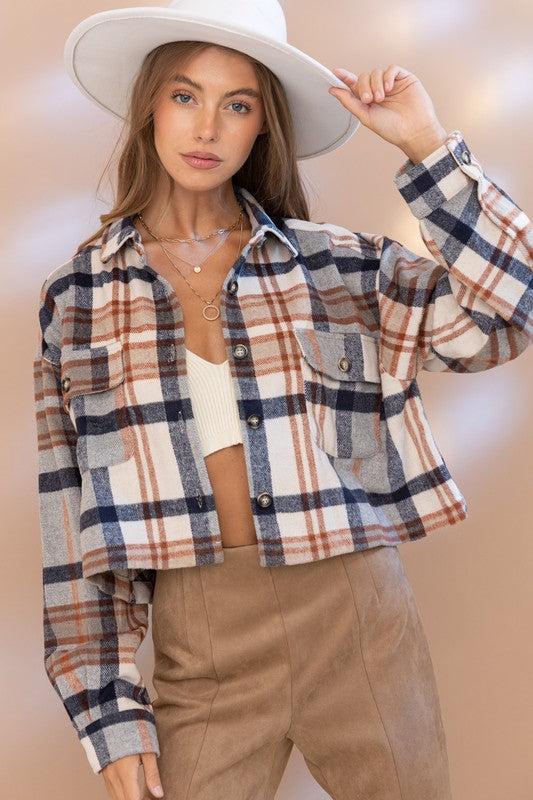 Plaid Crop Shirt Jacket in RUST