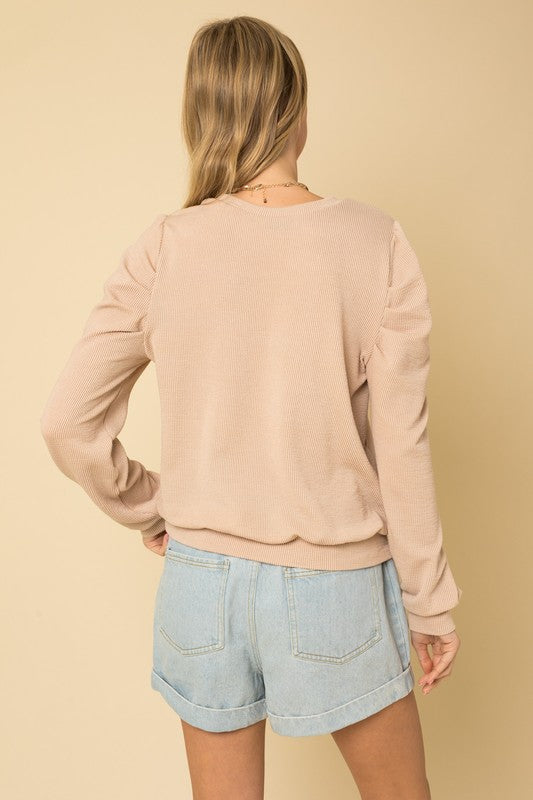 Long Sleeve Top with Puff Sleeves back view Sand