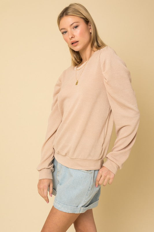 Long Sleeve Top with Puff Sleeves Sand Front view