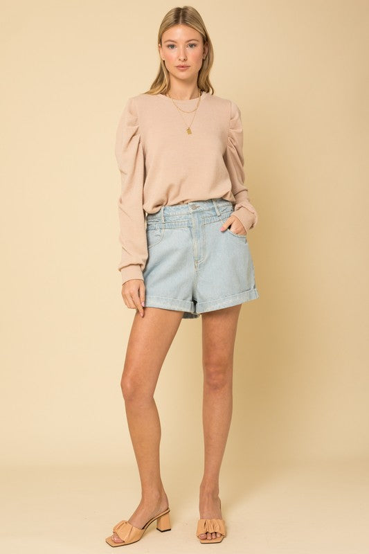 Long Sleeve Top with Puff Sleeves Full view in Sand