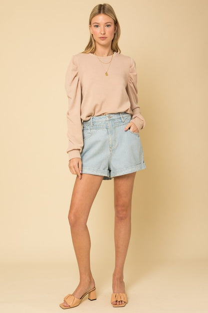 Long Sleeve Top with Puff Sleeves Full view in Sand