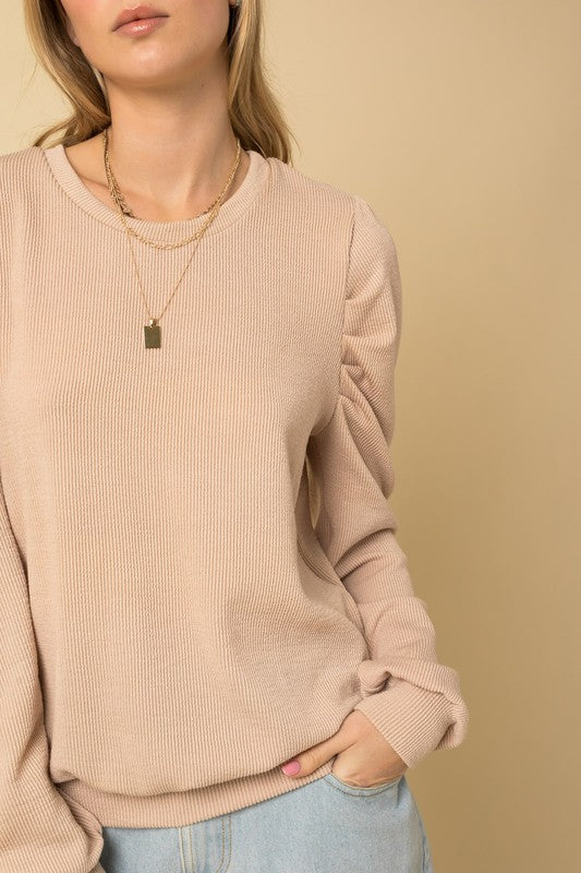 Long Sleeve Top with Puff Sleeves up close in Sand color