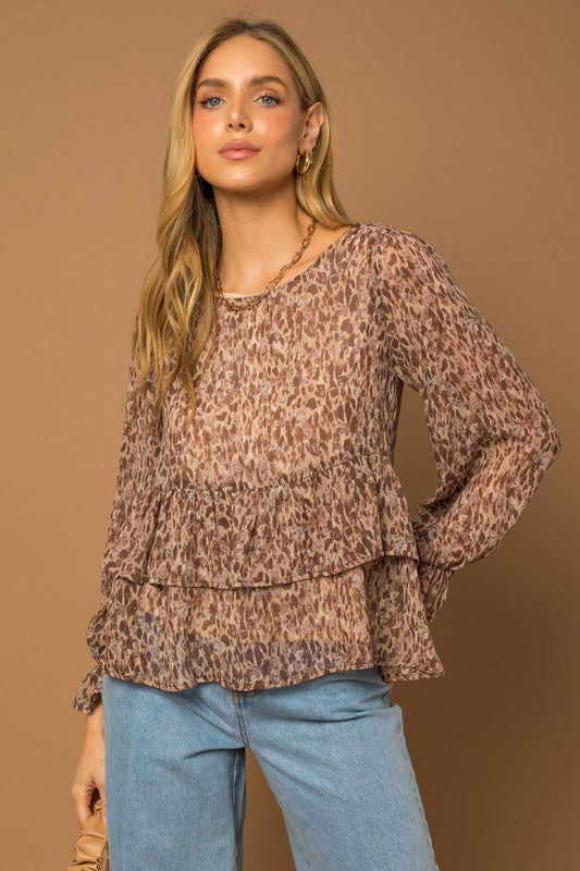 Ruffle Layered Abstract Print Top front view