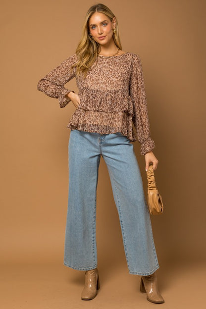 Ruffle Layered Abstract Print Top full view with jeans